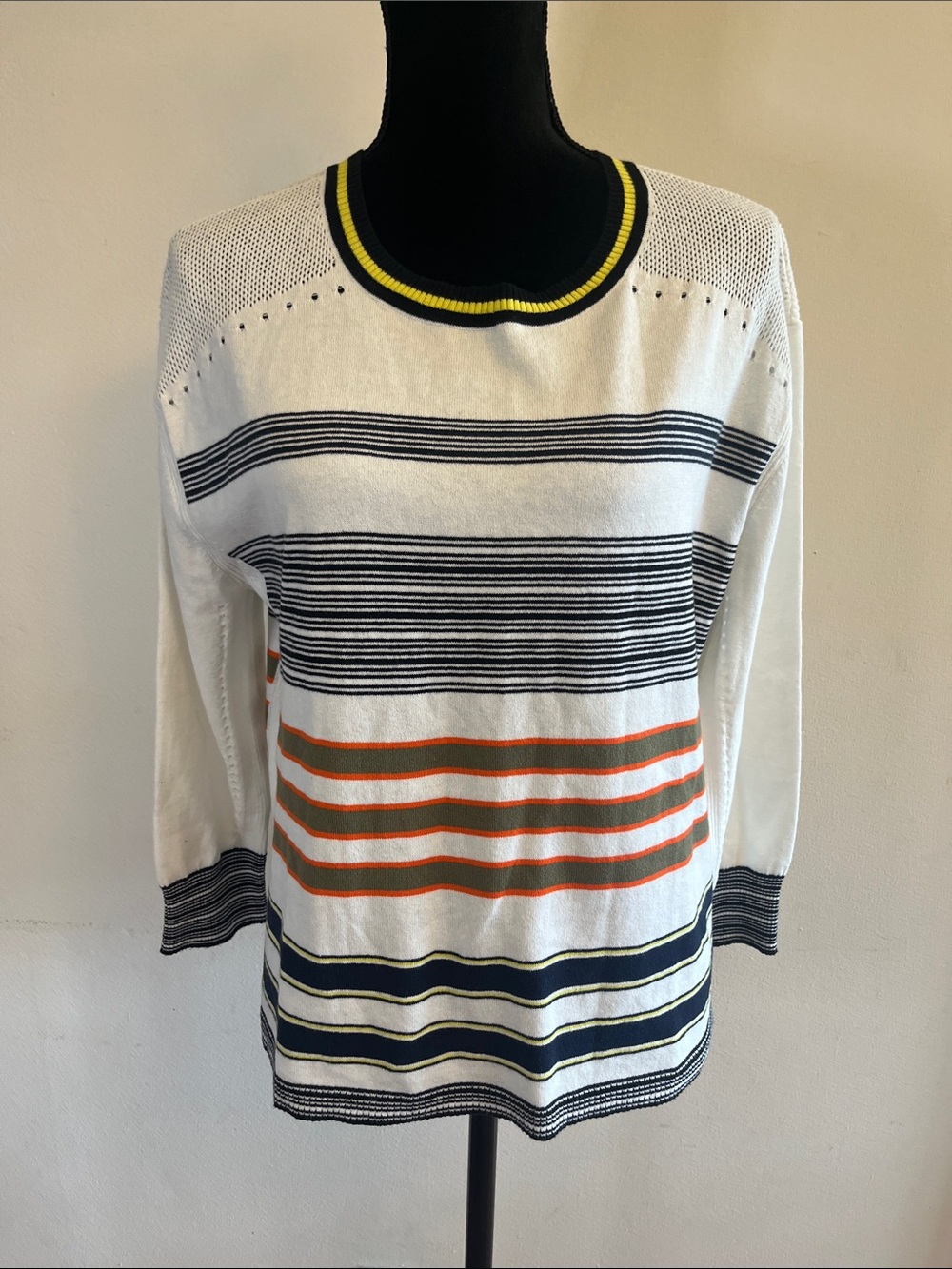 CAbi Parasol White Crewneck Sweater with Navy, Orange and Yellow Trim